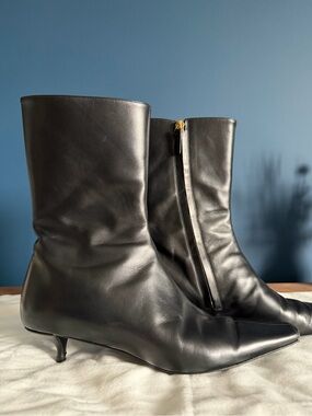 The Row Black Leather Pointed Kitten-Heel Ankle Boots